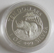 Zimbabwe 10 Dollars 1996 Big Five Rhinoceros 1 Oz Silver