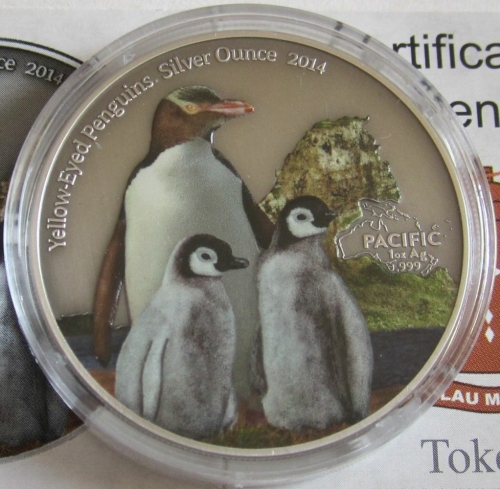 Tokelau 5 Dollars 2014 Wildlife Yellow-Eyed Penguin Coloured 1 Oz Silver