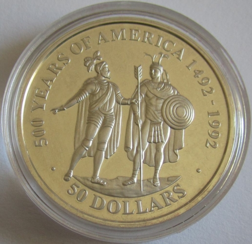Cook-Inseln 50 Dollars 1990 500 Jahre Amerika Hernán Cortés & Moctezuma II.