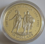 Cook-Inseln 50 Dollars 1990 500 Jahre Amerika Hernán Cortés & Moctezuma II.
