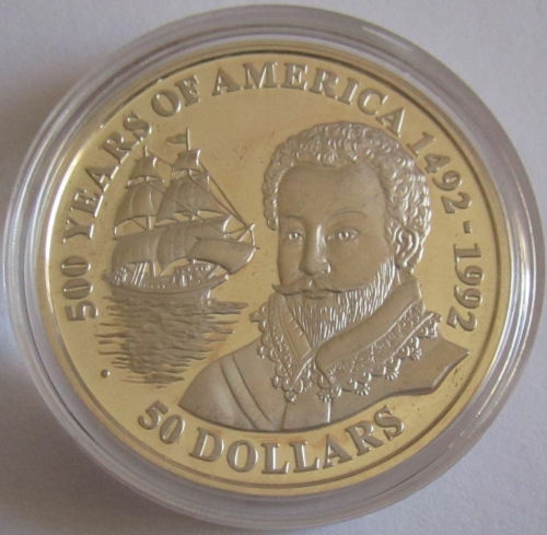 Cook Islands 50 Dollars 1990 500 Years America Francis Drake Silver