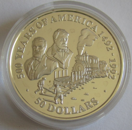 Cook Islands 50 Dollars 1991 500 Years America First Transcontinental Railroad Silver