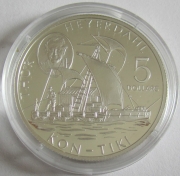 Cook Islands 5 Dollars 2002 Ships Kon-Tiki Silver