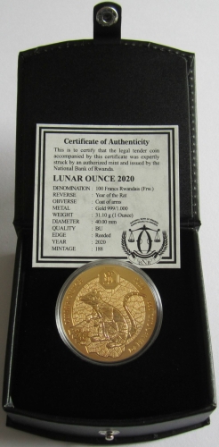 Rwanda 100 Amafaranga 2020 Lunar Rat 1 Oz Gold