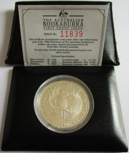 Australia 5 Dollars 1990 Kookaburra 1 Oz Silver Proof