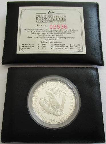 Australia 5 Dollars 1991 Kookaburra 1 Oz Silver Proof