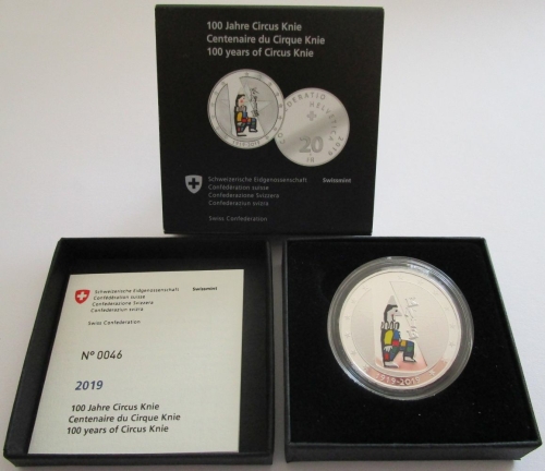 Switzerland 20 Franken 2019 100 Years Circus Knie Silver Proof