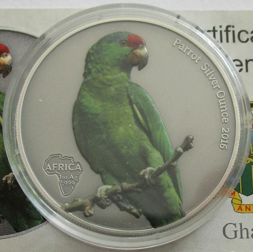 Ghana 5 Cedis 2016 Wildlife Red-Crowned Amazon Coloured 1 Oz Silver