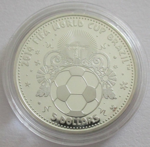 Solomon Islands 5 Dollars 2014 Football World Cup in Brazil Cristo Redentor Silver