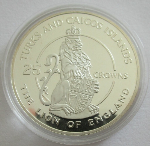 Turks & Caicos Islands 25 Crowns 1978 25 Years Coronation Queen Elizabeth II Lion of England Silver