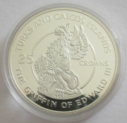 Turks & Caicos Islands 25 Crowns 1978 25 Years Coronation Queen Elizabeth II Griffin of Edward III Silver