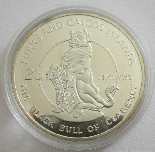 Turks & Caicos Islands 25 Crowns 1978 25 Years Coronation Queen Elizabeth II Black Bull of Clarence Silver