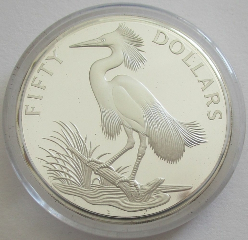 Cayman Islands 50 Dollars 1985 Wildlife Snowy Egret Silver