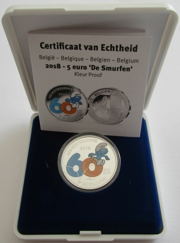 Belgium 5 Euro 2018 60 Years Smurfs Coloured Silver