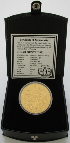 Rwanda 100 Amafaranga 2022 Lunar Tiger 1 Oz Gold