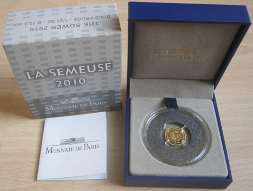 France 5 Euro 2010 Semeuse 50 Years New Franc 1/25 Oz Gold
