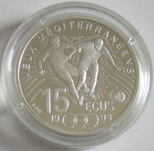 France 100 Francs = 15 ECU 1993 Mediterranean Games Football Silver