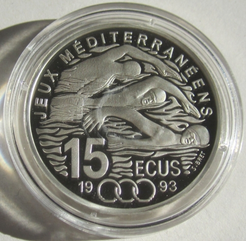 France 100 Francs = 15 ECU 1993 Mediterranean Games Swimming Silver