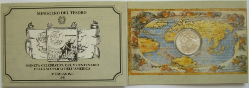 Italy 500 Lire 1991 500 Years America Silver BU