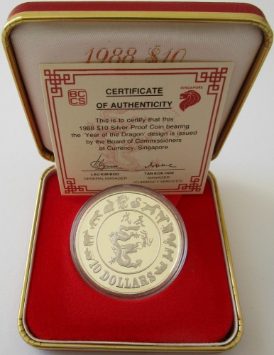 Singapore 10 Dollars 1988 Lunar Dragon Silver Proof