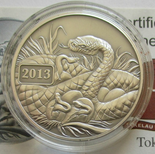 Tokelau 5 Dollars 2013 Lunar Snake 1 Oz Silver Antique-Finish