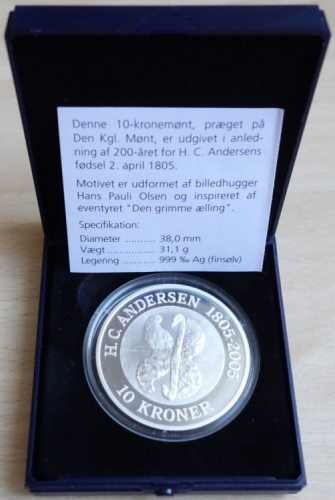 Denmark 10 Kroner 2005 Hans Christian Andersen Ugly Duckling 1 Oz Silver