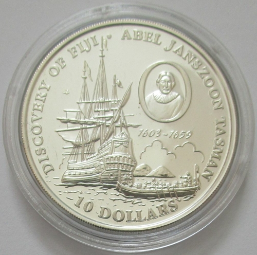 Fiji 10 Dollars 1993 350 Years Discover Abel Tasman Silver