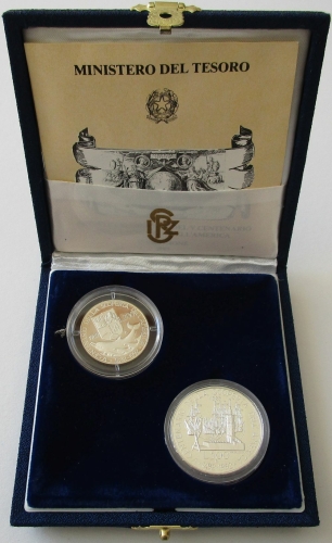 Italy 200 + 500 Lire 1989 500 Years America Silver Proof