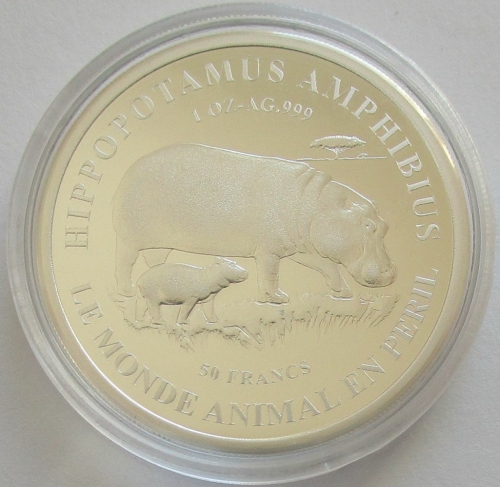 Burundi 50 Francs 2018 Wildlife Hippopotamus 1 Oz Silver