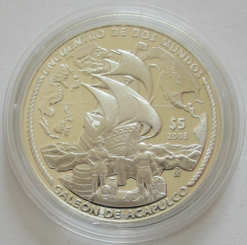 Mexico 5 Pesos 2003 Ibero-America Ships Galleon from Acapulco Silver