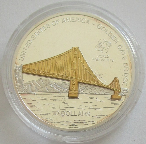 Cook Islands 10 Dollars 2008 World Monuments Golden Gate Bridge in San Francisco 1 Oz Silver