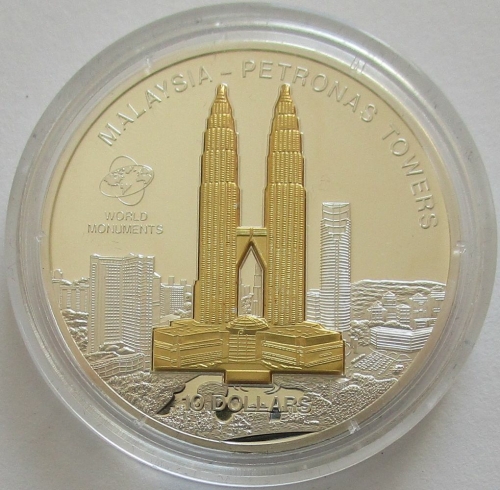 Cook Islands 10 Dollars 2008 World Monuments Petronas Towers in Kuala Lumpur 1 Oz Silver