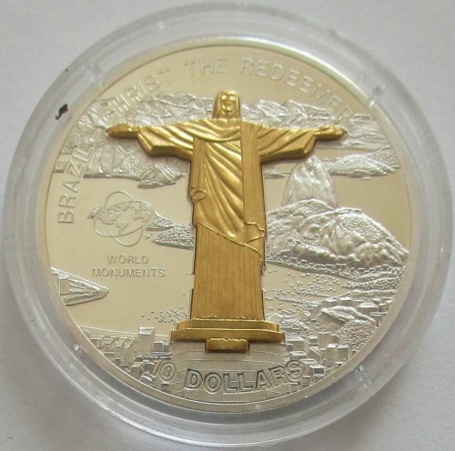 Cook Islands 10 Dollars 2007 World Monuments Cristo Redentor in Rio de Janeiro 1 Oz Silver