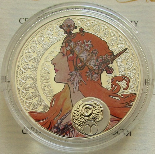 Niue 1 Dollar 2011 Zodiac by Alphonse Mucha Aries / Ram Silver