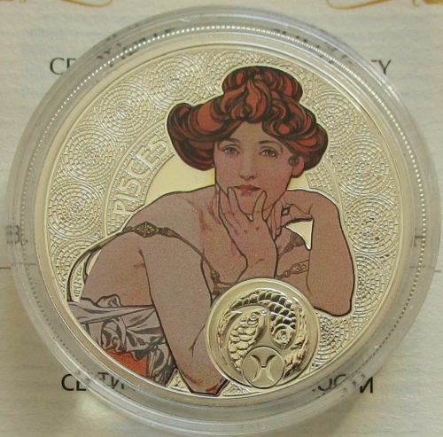 Niue 1 Dollar 2011 Zodiac by Alphonse Mucha Pisces / Fish Silver