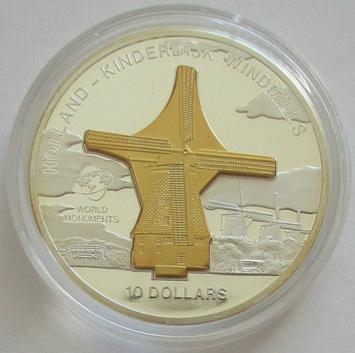 Cook Islands 10 Dollars 2011 World Monuments Kinderdijk Windmills 1 Oz Silver