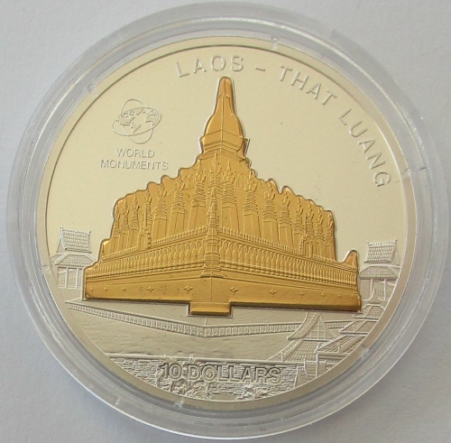 Cook Islands 10 Dollars 2010 World Monuments Pha That Luang in Vientiane 1 Oz Silver