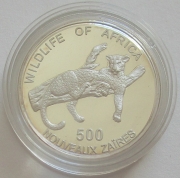 Zaire 500 Nouveaux Zaïres 1996 Wildlife Leopard Silver