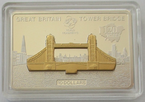 Cook Islands 10 Dollars 2014 World Monuments Tower Bridge in London 1 Oz Silver