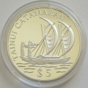 Cook Islands 5 Dollars 1996 Ships Tainui Catamaran Silver