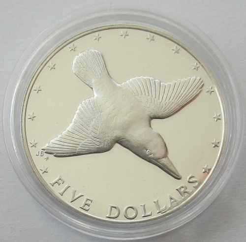 Cook Islands 5 Dollars 1976 Wildlife Mangaia Kingfisher Silver Proof