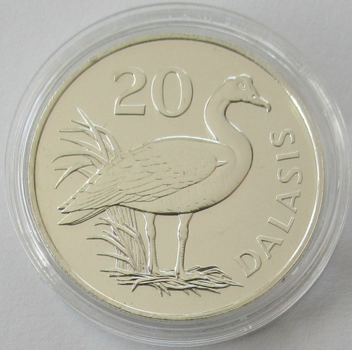 Gambia 20 Dalasis 1977 15 Years WWF Spur-Winged Goose Silver BU