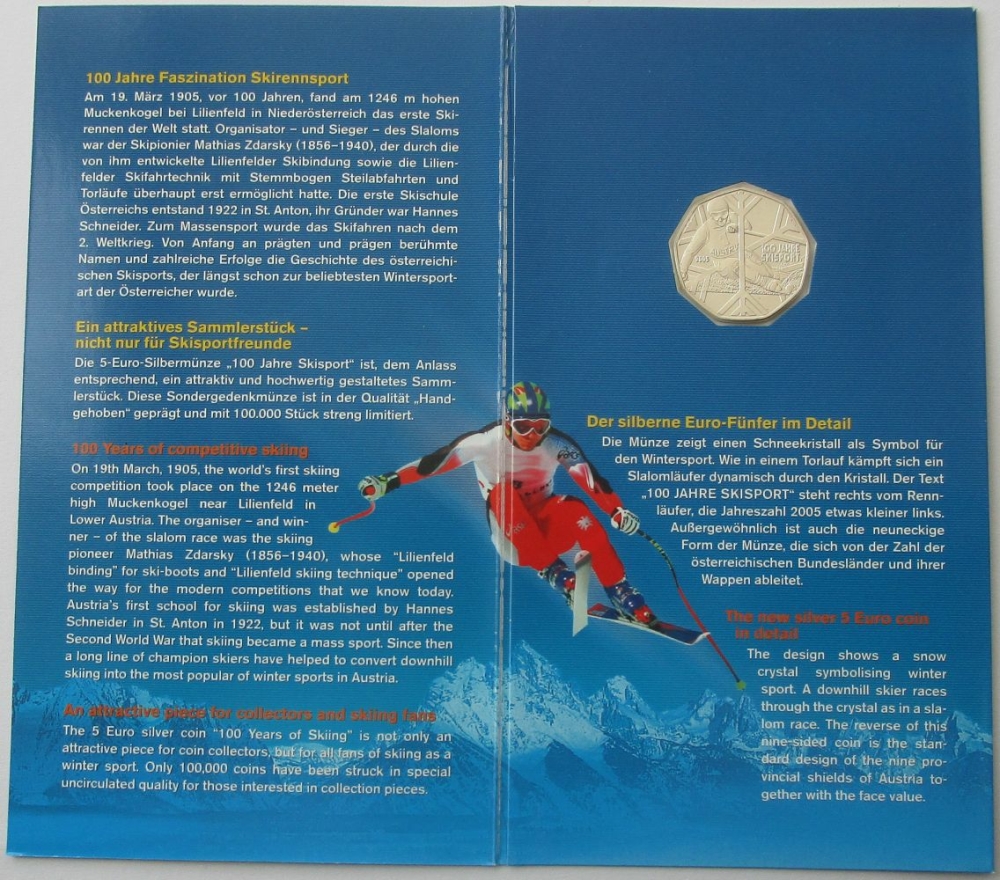 Österreich 5 Euro 2005 100 Jahre Skisport BU MagoMuenzen, 19,00