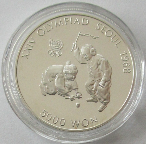 South Korea 5000 Won 1988 Olympics Seoul Children Spinning a Top 1/2 Oz Silver Proof