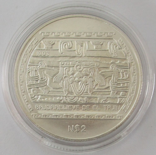 Mexico 2 Nuevos Pesos 1993 Pre-Columbian Era Bajorrelieve de El Tajin 1/2 Oz Silver