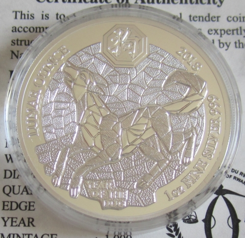Rwanda 50 Amafaranga 2018 Lunar Dog 1 Oz Silver Proof