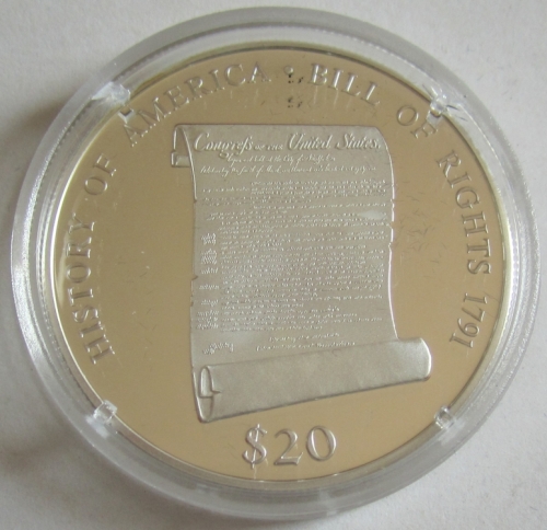 Liberia 20 Dollars 2000 History of America Bill of Rights Silver