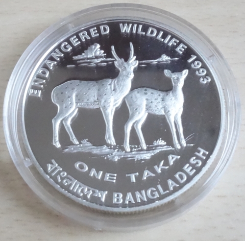 Bangladesh 1 Taka 1993 Wildlife Chital / Axis Deer Silver