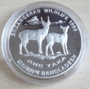Bangladesh 1 Taka 1993 Wildlife Chital / Axis Deer Silver