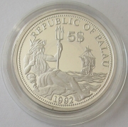 Palau 5 Dollars 1992 Marine Life Protection Coral Reef Silver